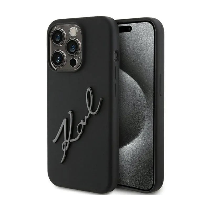 Karl Lagerfeld Silikoninis Karl Script – „iPhone 15 Pro“ dėklas (Juodas)