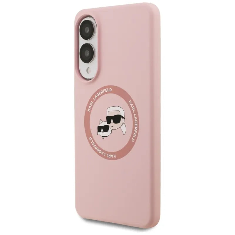 Karl Lagerfeld Silikoninis MagSafe Dėklas su dvigubomis galvutėmis ir apskritimu – Samsung Galaxy S25 Edge (rožinis)