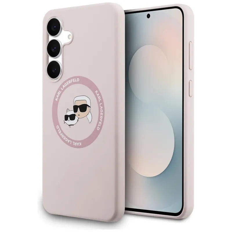 Karl Lagerfeld Silikoninis MagSafe dėklas su Karl & Choupette galvutėmis – Samsung Galaxy S25 FE (rožinis)