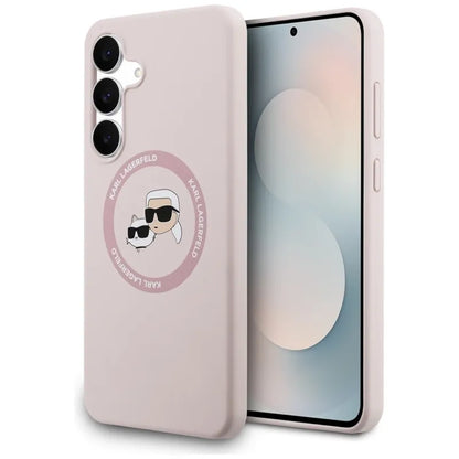 Karl Lagerfeld Silikoninis MagSafe dėklas su Karl & Choupette galvutėmis – Samsung Galaxy S25 FE (rožinis)