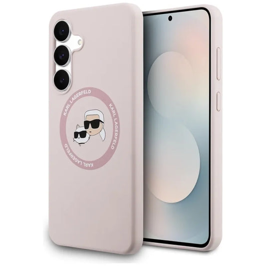Karl Lagerfeld Silikoninis MagSafe dėklas su Karl & Choupette galvutėmis – Samsung Galaxy S25 FE (rožinis)