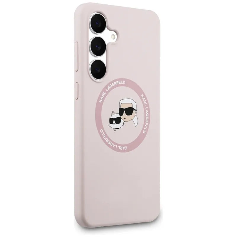 Karl Lagerfeld Silikoninis MagSafe dėklas su Karl & Choupette galvutėmis – Samsung Galaxy S25 FE (rožinis)
