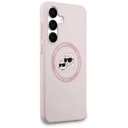 Karl Lagerfeld Silikoninis MagSafe dėklas su Karl & Choupette galvutėmis – Samsung Galaxy S25 FE (rožinis)