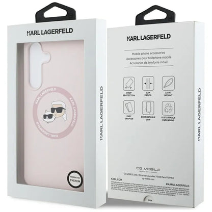 Karl Lagerfeld Silikoninis MagSafe dėklas su Karl & Choupette galvutėmis – Samsung Galaxy S25 FE (rožinis)