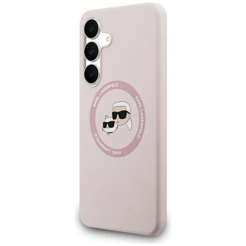 Karl Lagerfeld Silikoninis MagSafe dėklas su Karl & Choupette galvutėmis – Samsung Galaxy S25 FE (rožinis)