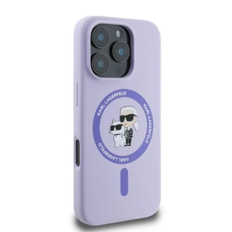 Karl Lagerfeld Silikoninis MagSafe dėklas su Karl & Choupette žiedu - iPhone 16 Pro Max (violetinis)