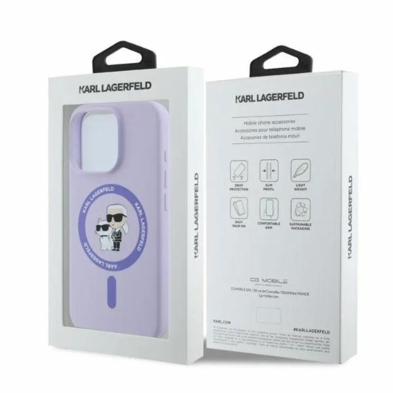 Karl Lagerfeld Silikoninis MagSafe dėklas su Karl & Choupette žiedu - iPhone 16 Pro Max (violetinis)