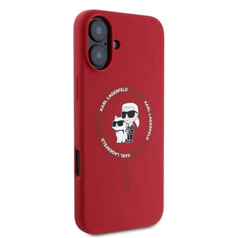 Karl Lagerfeld Silikoninis MagSafe dėklas su Karl ir Choupette žiedu - iPhone 16 (raudonas)