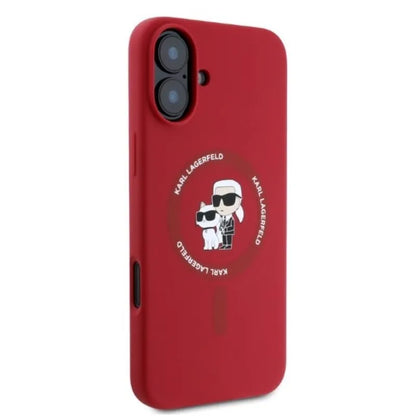 Karl Lagerfeld Silikoninis MagSafe dėklas su Karl ir Choupette žiedu - iPhone 16 (raudonas)