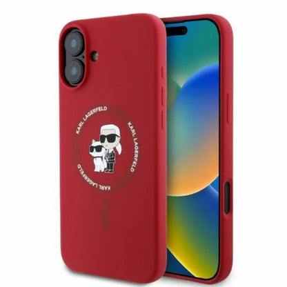 Karl Lagerfeld Silikoninis MagSafe dėklas su Karl ir Choupette žiedu - iPhone 16 (raudonas)