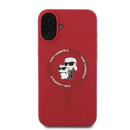 Karl Lagerfeld Silikoninis MagSafe dėklas su Karl ir Choupette žiedu - iPhone 16 (raudonas)