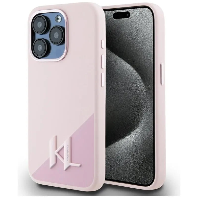 Karl Lagerfeld Silikoninis Šešėlinis Metalo Inicialas MagSafe – dėklas, skirtas „iPhone 15 Pro Max“ (rožinis)