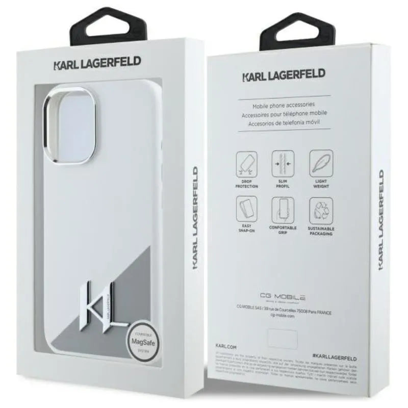 Karl Lagerfeld Silikoninis Šešėlis Metalinis Inicialas MagSafe – Dėklas skirtas iPhone 16 (baltas)