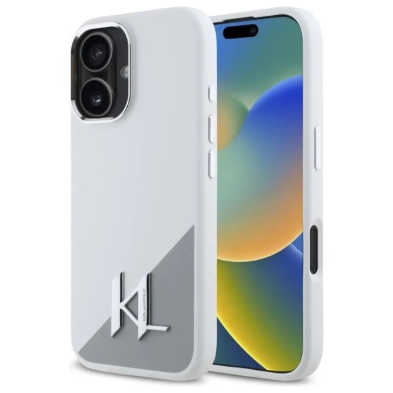 Karl Lagerfeld Silikoninis Šešėlis Metalinis Inicialas MagSafe – Dėklas skirtas iPhone 16 (baltas)