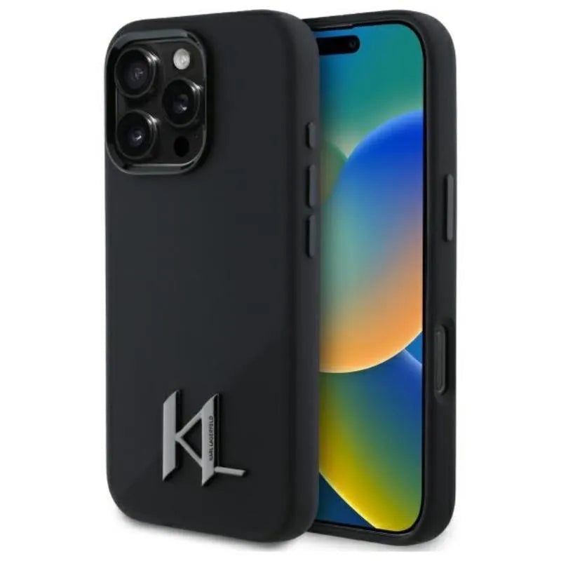 Karl Lagerfeld Silikoninis Shadow Metal Initial MagSafe – dėklas, skirtas iPhone 16 Pro (juodas)