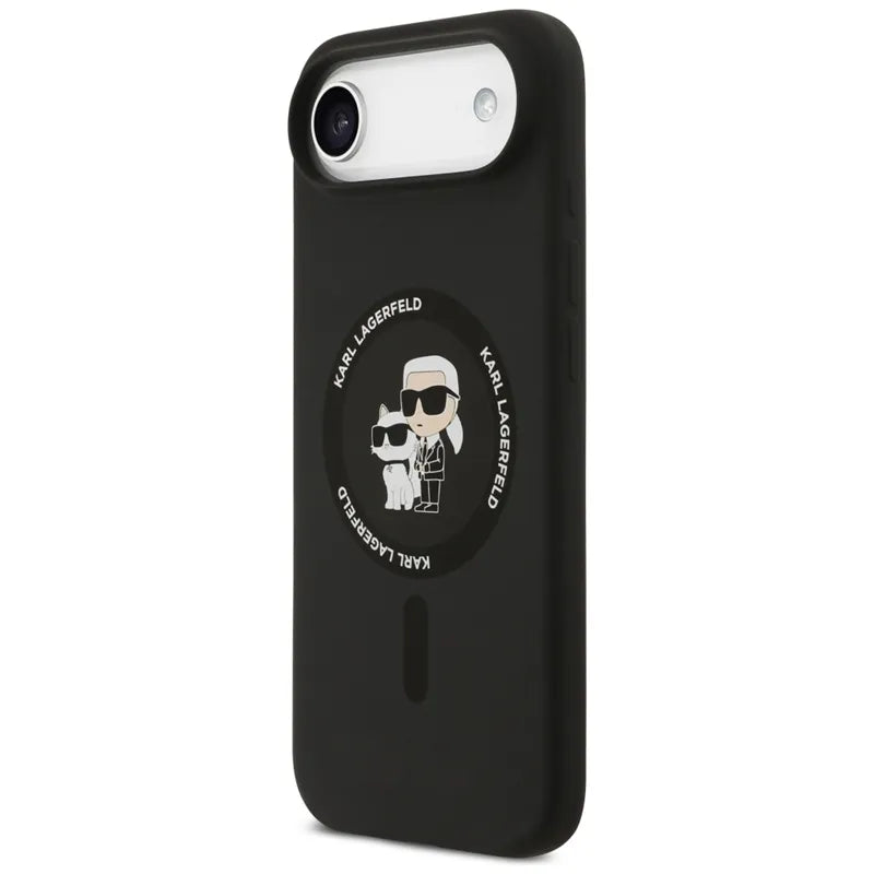 Karl Lagerfeld Silikoninis žiedas MagSafe "Karl & Choupette" dėklas iPhone Air (juodas)