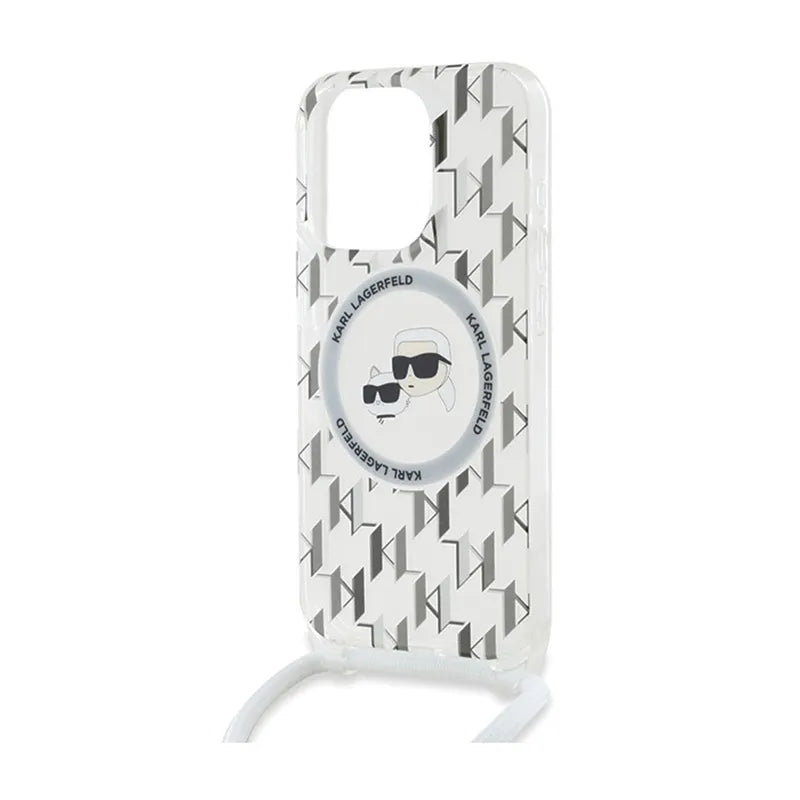 Karl Lagerfeld Skaidrus MagSafe dėklas iPhone 15 Pro Max su Karlo ir Choupette galvos atvaizdu (IML Crossbody Monogram)