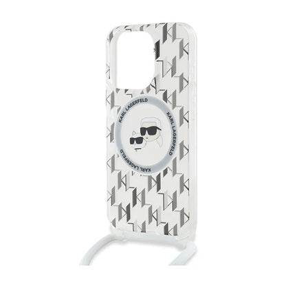Karl Lagerfeld Skaidrus MagSafe dėklas iPhone 15 Pro Max su Karlo ir Choupette galvos atvaizdu (IML Crossbody Monogram)