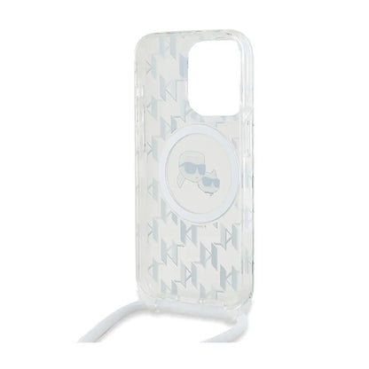 Karl Lagerfeld Skaidrus MagSafe dėklas iPhone 15 Pro Max su Karlo ir Choupette galvos atvaizdu (IML Crossbody Monogram)