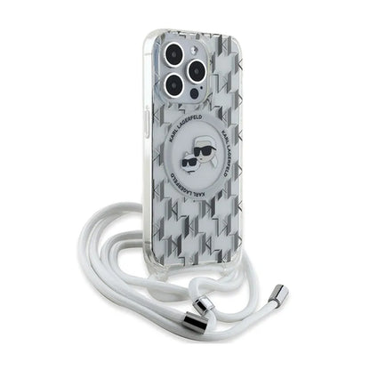 Karl Lagerfeld Skaidrus MagSafe dėklas iPhone 15 Pro Max su Karlo ir Choupette galvos atvaizdu (IML Crossbody Monogram)