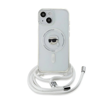 Karl Lagerfeld Skaidrus MagSafe per petį dėklas su IML Karl galva, skirtas iPhone 15 / 14 / 13