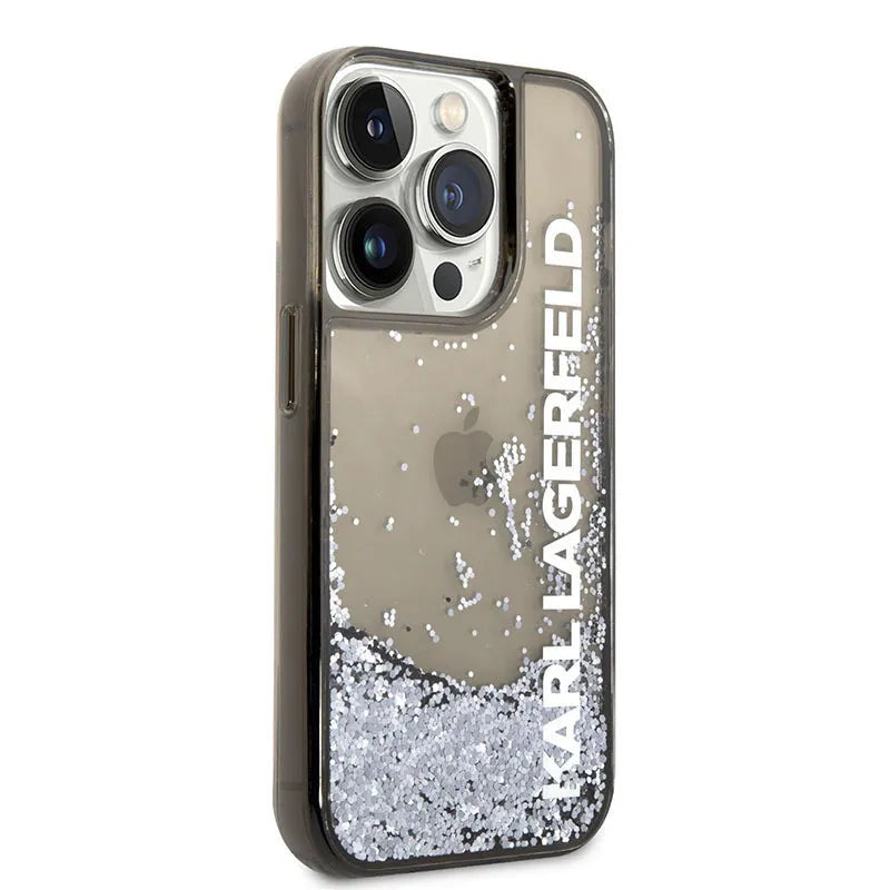 Karl Lagerfeld skystantis blizgučių permatomas pailgo logotipo dėklas – dėklas, skirtas „iPhone 14 Pro“ („Black“)