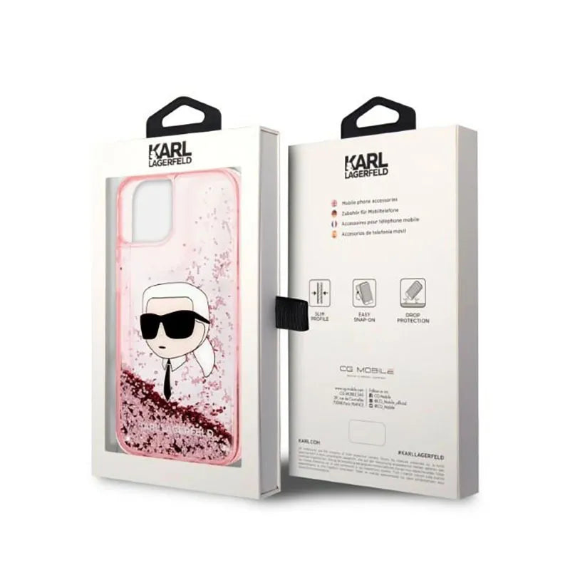 Karl Lagerfeld skystantis blizgutis NFT Karlo galva – dėklas iPhone 14 Plus (rožinis)