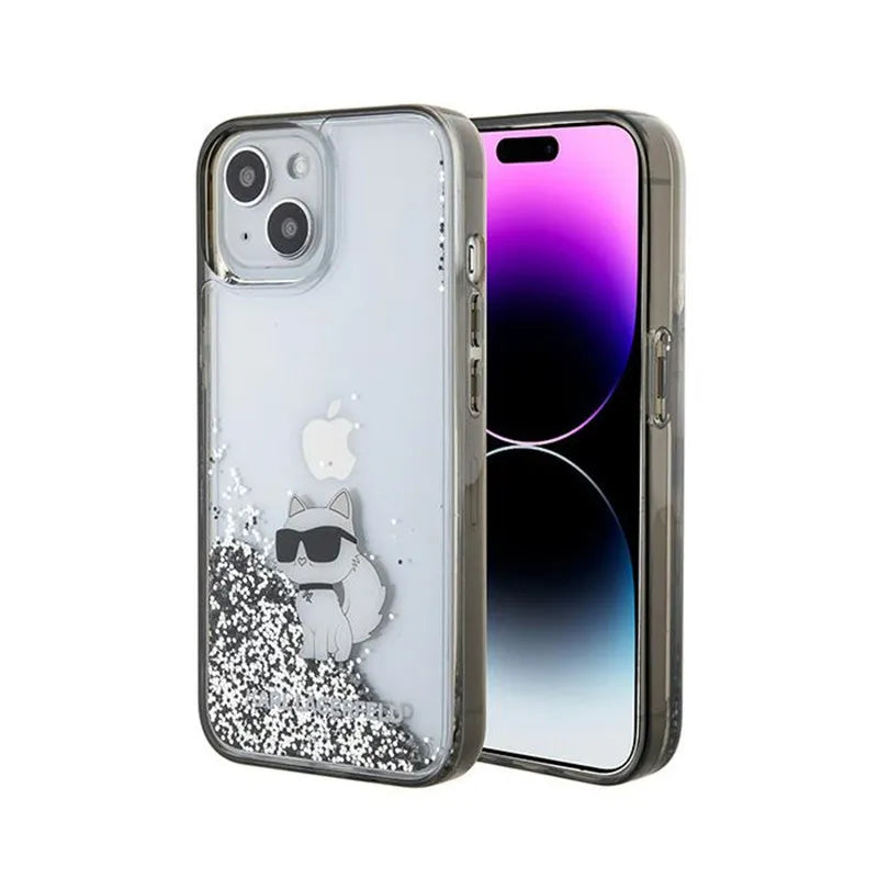 Karl Lagerfeld Skysti blizgučiai Choupette – Dėklas iPhone 15 (Permatomas)