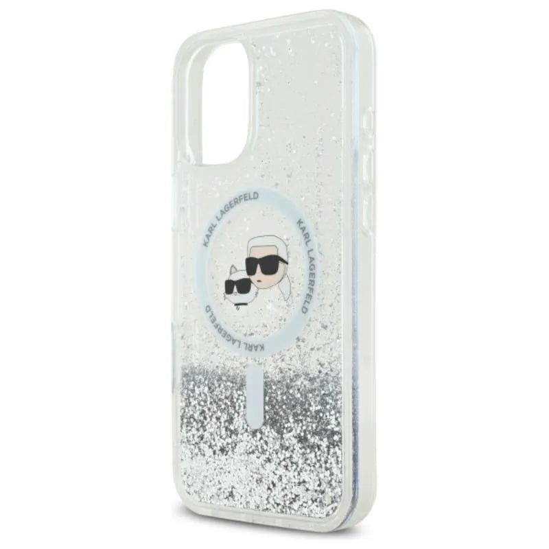 Karl Lagerfeld skysti blizgučiai „Karl & Choupette Head MagSafe“ – dėklas, skirtas „iPhone 16 Plus“ (permatomas)