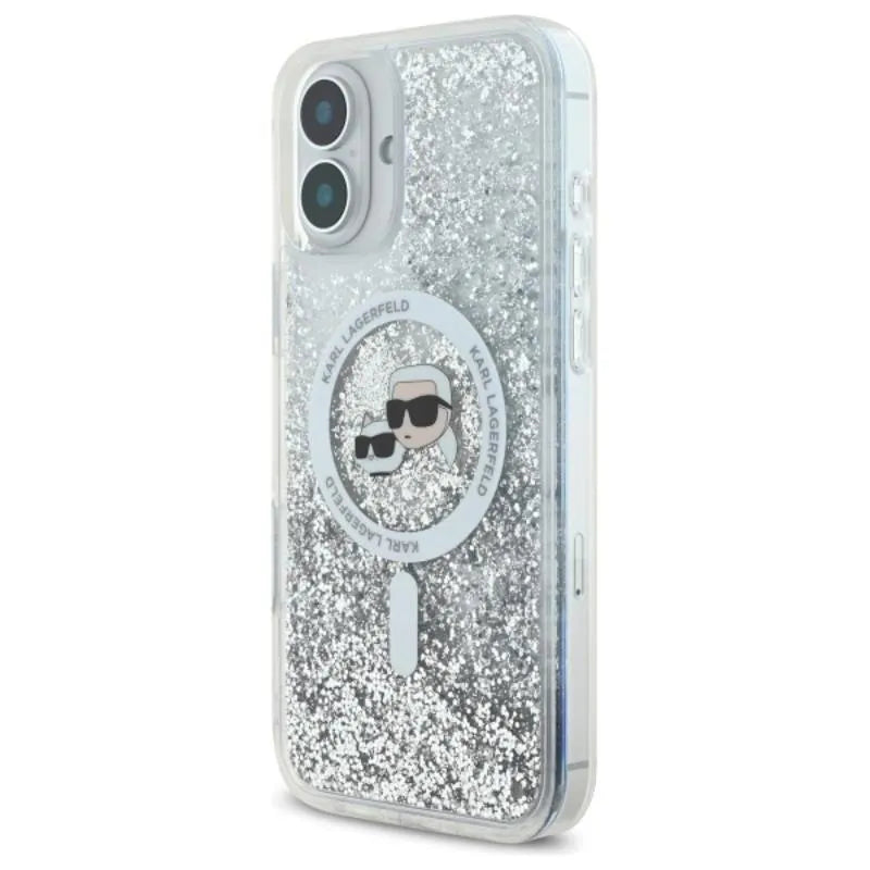 Karl Lagerfeld skysti blizgučiai „Karl & Choupette Head MagSafe“ – dėklas, skirtas „iPhone 16 Plus“ (permatomas)