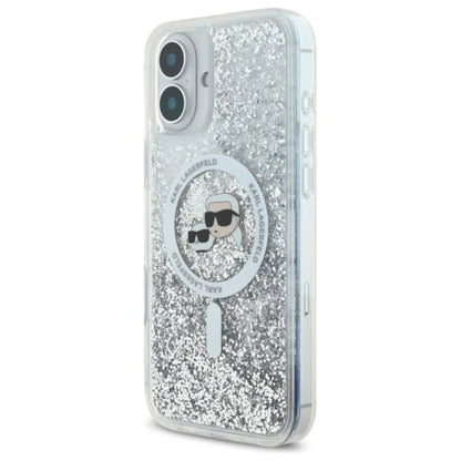 Karl Lagerfeld skysti blizgučiai „Karl & Choupette Head MagSafe“ – dėklas, skirtas „iPhone 16 Plus“ (permatomas)