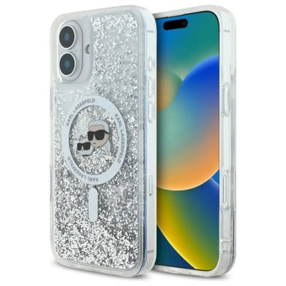 Karl Lagerfeld skysti blizgučiai „Karl & Choupette Head MagSafe“ – dėklas, skirtas „iPhone 16 Plus“ (permatomas)
