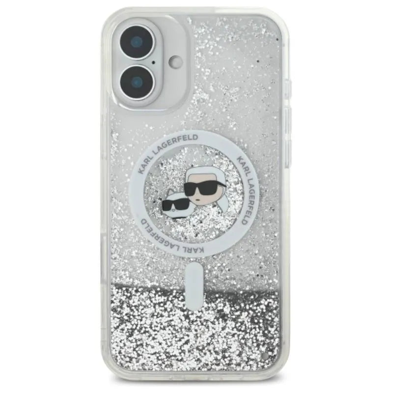 Karl Lagerfeld skysti blizgučiai „Karl & Choupette Head MagSafe“ – dėklas, skirtas „iPhone 16 Plus“ (permatomas)