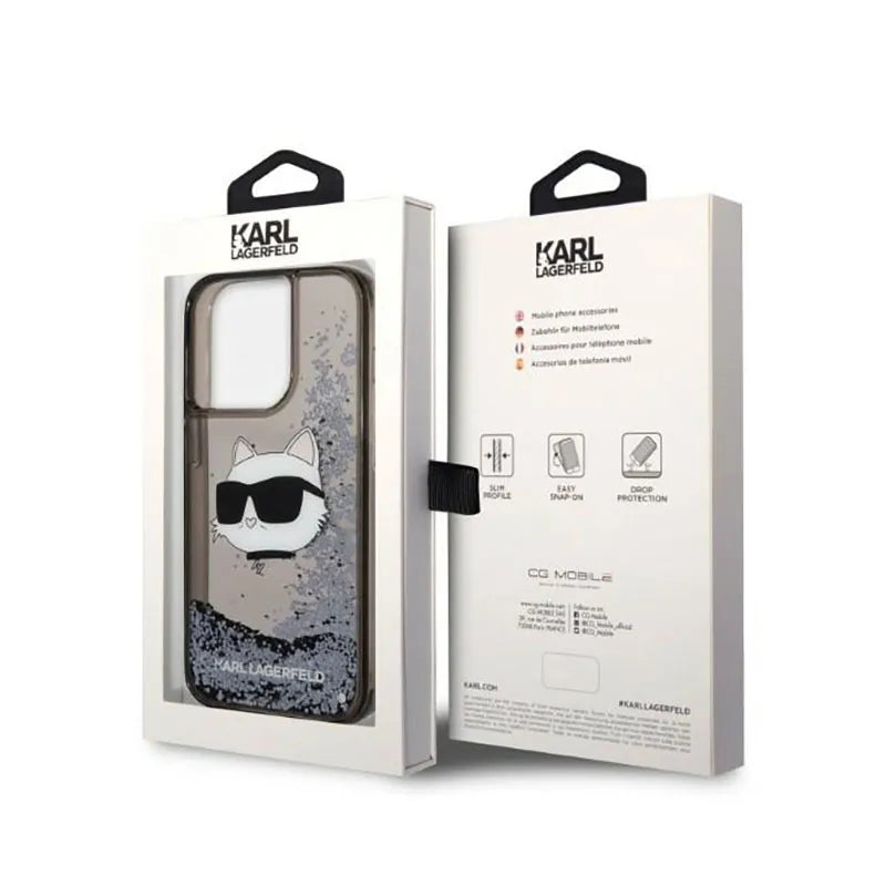 Karl Lagerfeld skysti blizgučiai NFT Choupette galva – dėklas iPhone 14 Pro (juodas)