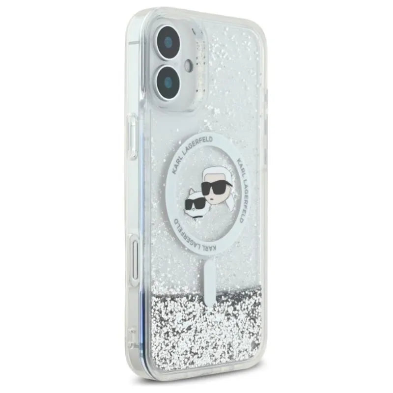 Karl Lagerfeld skysto blizgučio „Karl & Choupette Head MagSafe“ – „iPhone 16“ dėklas (skaidrus)