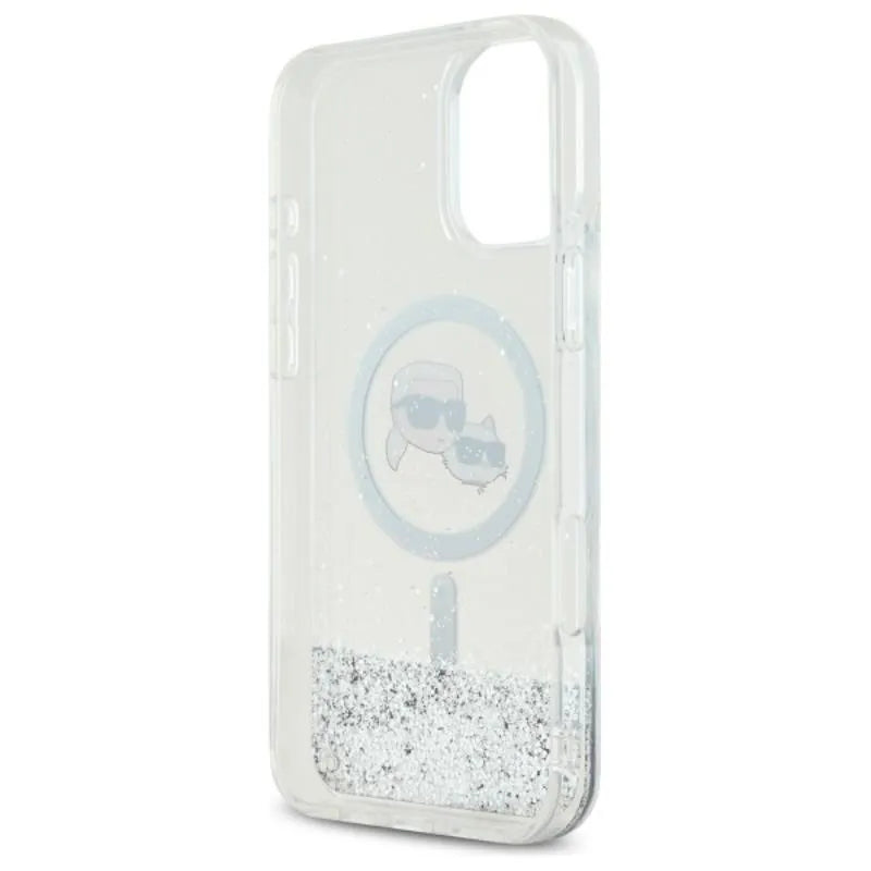 Karl Lagerfeld skysto blizgučio „Karl & Choupette Head MagSafe“ – „iPhone 16“ dėklas (skaidrus)