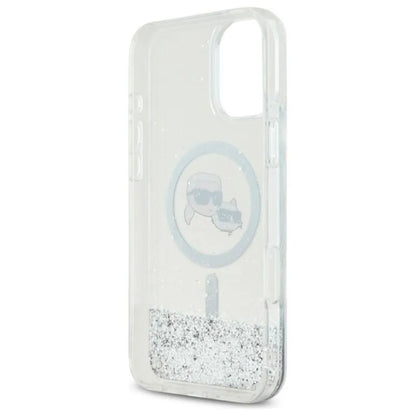 Karl Lagerfeld skysto blizgučio „Karl & Choupette Head MagSafe“ – „iPhone 16“ dėklas (skaidrus)