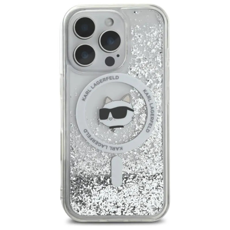 Karl Lagerfeld skystų blizgučių dėklas su Choupette galva MagSafe – iPhone 16 Pro Max (skaidrus)
