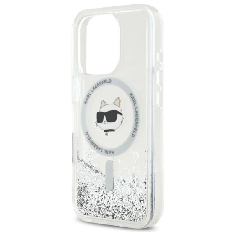 Karl Lagerfeld skystų blizgučių dėklas su Choupette galva MagSafe – iPhone 16 Pro Max (skaidrus)