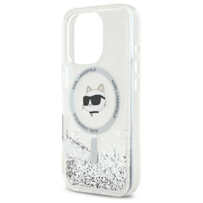 Karl Lagerfeld skystų blizgučių dėklas su Choupette galva MagSafe – iPhone 16 Pro Max (skaidrus)