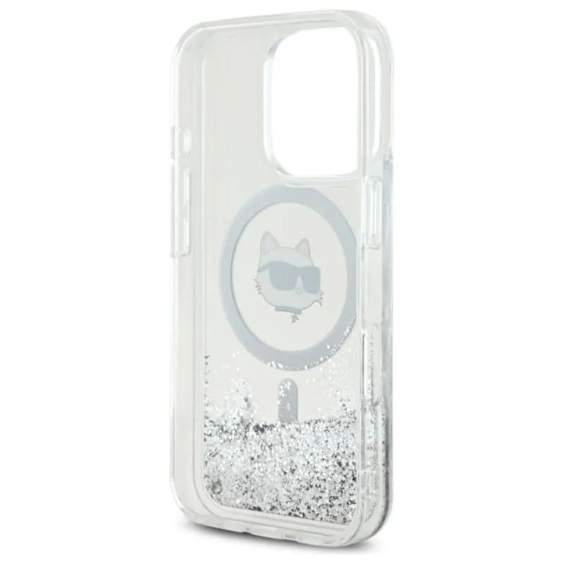 Karl Lagerfeld skystų blizgučių dėklas su Choupette galva MagSafe – iPhone 16 Pro Max (skaidrus)
