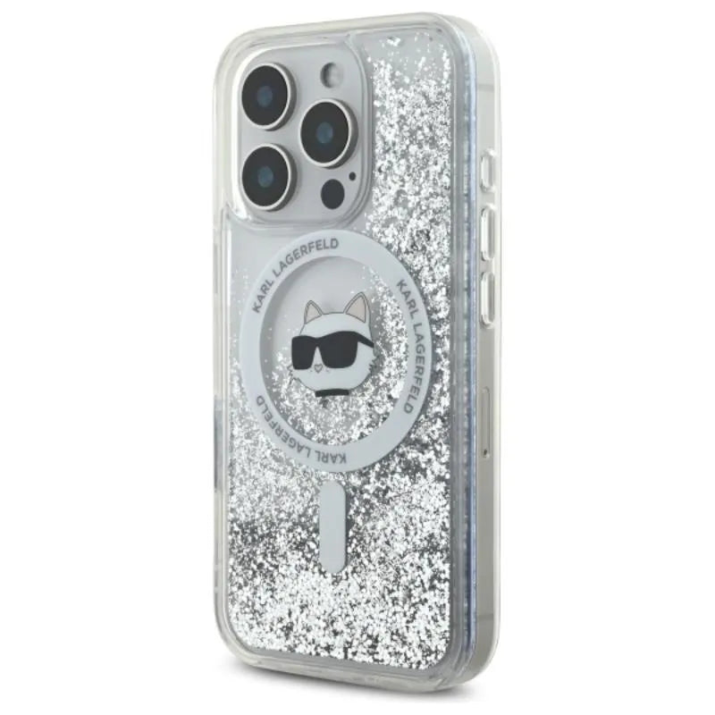 Karl Lagerfeld skystų blizgučių dėklas su Choupette galva MagSafe – iPhone 16 Pro Max (skaidrus)