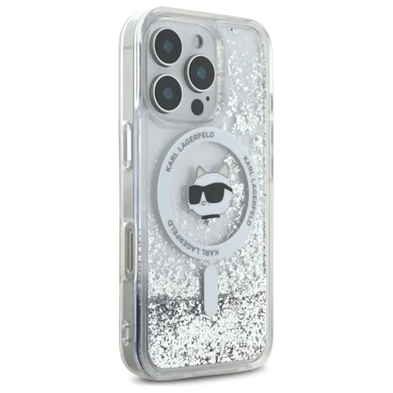 Karl Lagerfeld skystų blizgučių dėklas su Choupette galva MagSafe – iPhone 16 Pro Max (skaidrus)