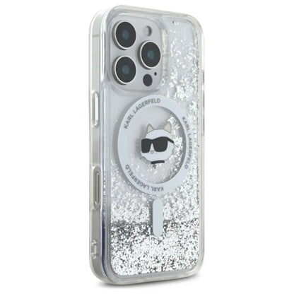 Karl Lagerfeld skystų blizgučių dėklas su Choupette galva MagSafe – iPhone 16 Pro Max (skaidrus)