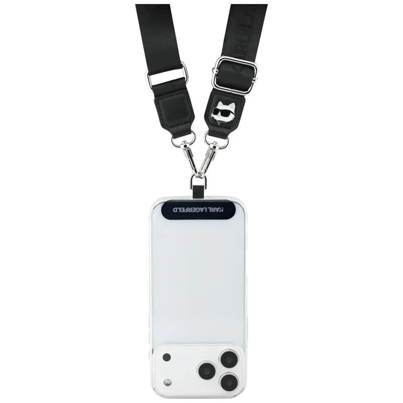 Karl Lagerfeld Universali Dirželio Tvirtinimo Dalys su Choupette Metalo Logotipu - Universali Telefono Juostelė / Virvelė (Juoda)