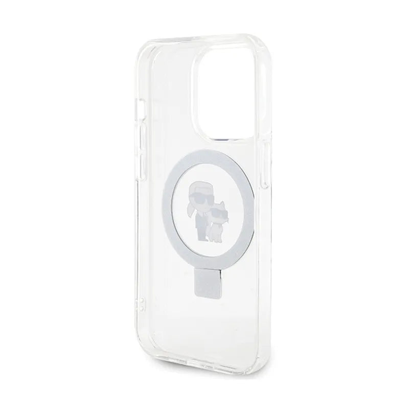 Karl Lagerfeld žiedinis stovas Karl & Choupette MagSafe – iPhone 14 Pro dėklas (baltas)