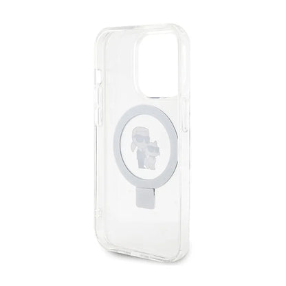 Karl Lagerfeld žiedinis stovas Karl & Choupette MagSafe – iPhone 14 Pro dėklas (baltas)