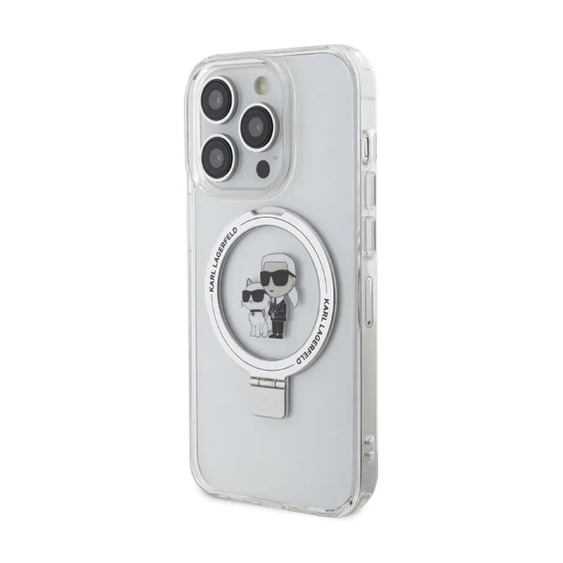 Karl Lagerfeld žiedinis stovas Karl & Choupette MagSafe – iPhone 14 Pro dėklas (baltas)