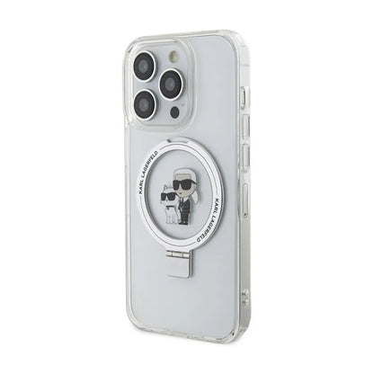 Karl Lagerfeld žiedinis stovas Karl & Choupette MagSafe – iPhone 14 Pro dėklas (baltas)