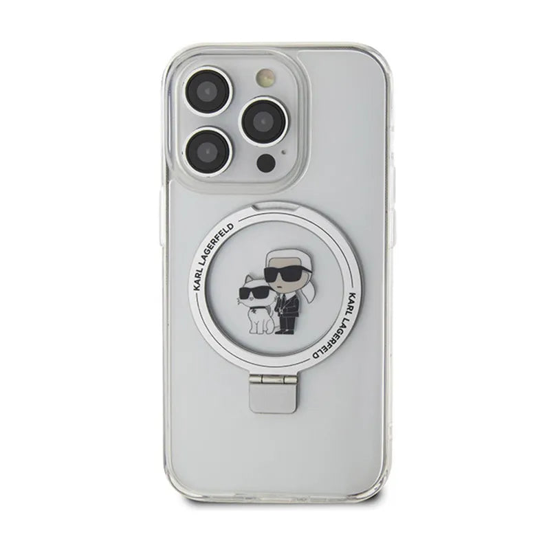 Karl Lagerfeld žiedinis stovas Karl & Choupette MagSafe – iPhone 14 Pro dėklas (baltas)